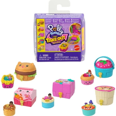 Polly Pocket Tiny Take Out Reveal Assortment, Micro Dolls & Compacts with Toy Cars, Food Theme Vehicle Collection