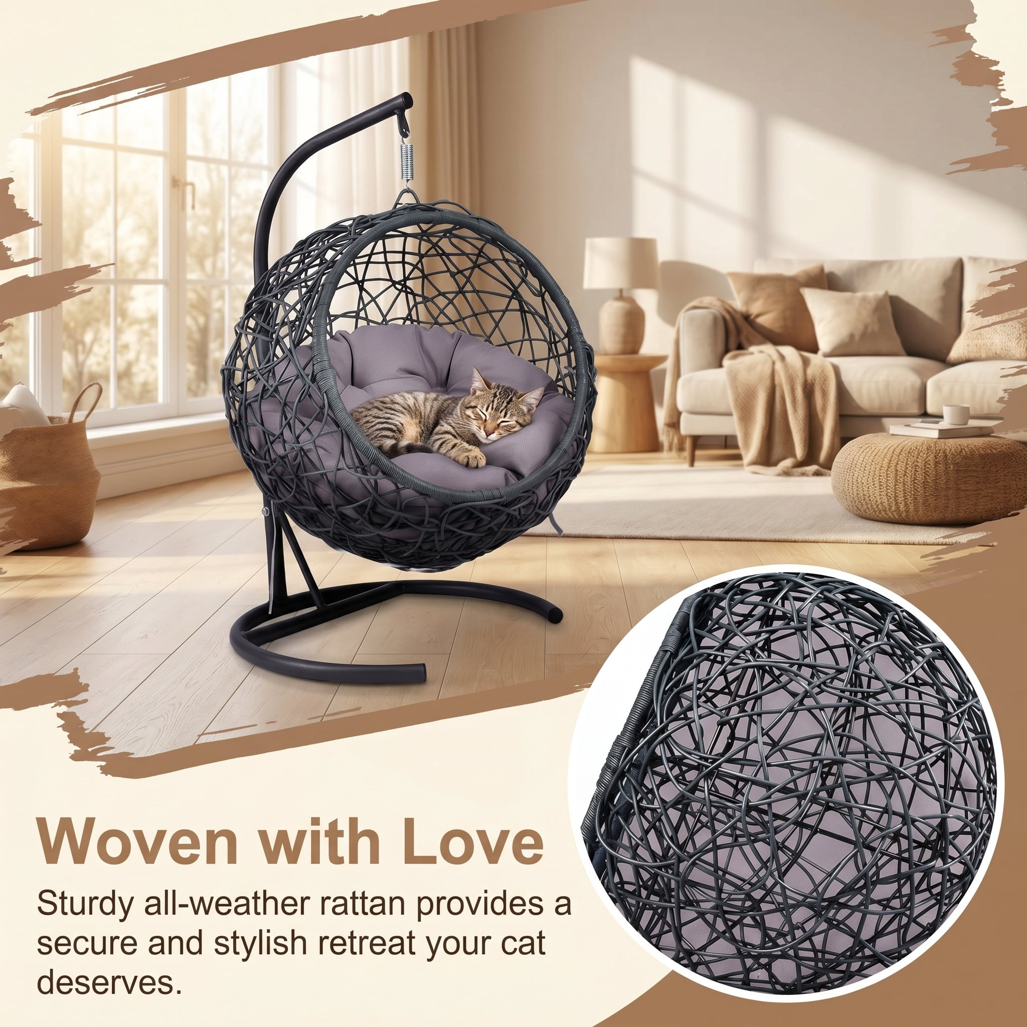 Gray Cat Swing Bed with Stand & Cushion, Rattan Wicker Egg Chair, Indoor Outdoor Hanging Hammock Bed for Cats Dogs Small Animals Bedroom Porch