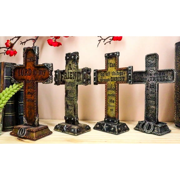 Pack Of 4 Rustic Western Inspirational Christian Bible Verses Standing Crosses
