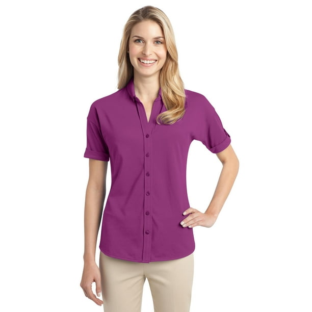 Camisa con botones en el frente de piqué elástico para mujer Port Authority®. L556 Flor rosa S Autoridad Portuaria L556
