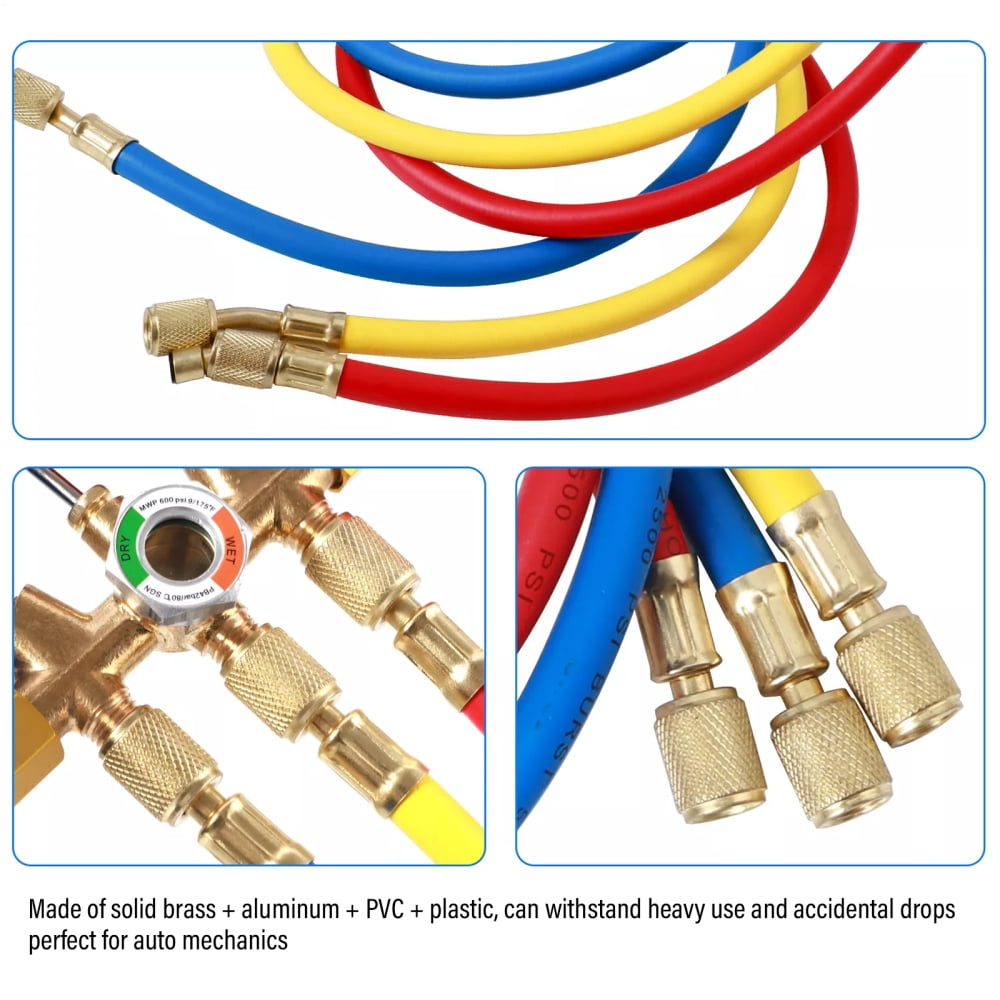 AC Gauge Set, 3-Way AC Manifold Gauge Set for R134A, R22, R12, R502 Refrigerants – Freon Gauges Include 3.28 ft Hoses, Couplers, and Can Tap for Car Auto Freon Charging and Evacuation