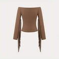 thumbnail image 2 of ZEHJUHAN Women's Western Solid Color Off The Shoulder Long Sleeve Blouse with Fringe Boho Tight Fit Shirt for Spring Brown，S, 2 of 5