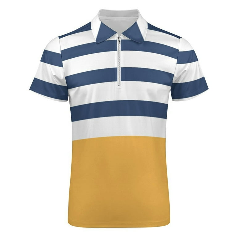 Blue And White Stripes with Yellow Men Zipper T-shirt Summer Blue And White Stripes with Yellow Men Zipper T-shirt Summer