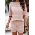 thumbnail image 3 of Dycnvjo Women 2 Piece Crochet Outfits Summer Knit Lounge Sets Short Sleeve Tops and Shorts Beach Set Summer Vacation Khaki S, 3 of 5