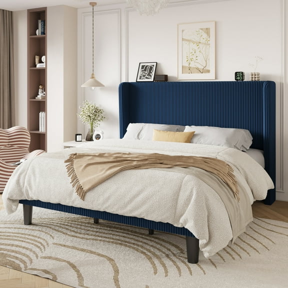 Einfach King Luxury Channel-Tufted Corduroy Velvet Platform Bed Frame with Wingback Headboard, Dark Blue