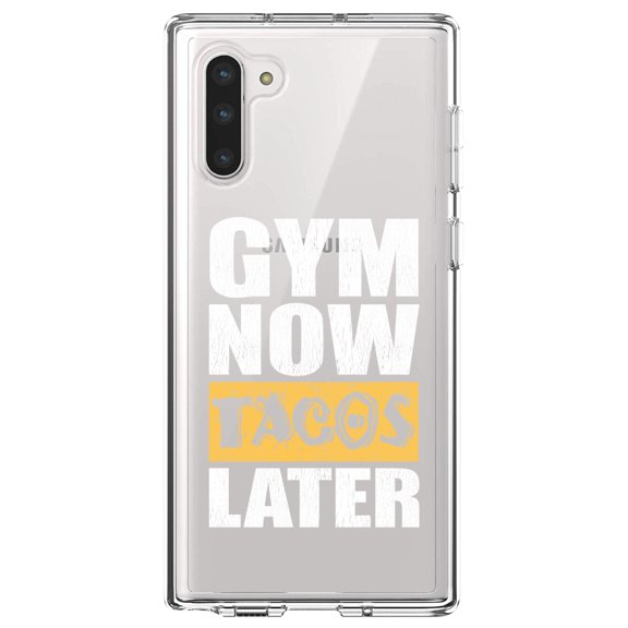 DistinctInk Clear Shockproof Hybrid Case for Samsung Galaxy Note 10 (6.3" Screen) - TPU Bumper Acrylic Back Tempered Glass Screen Protector - Gym Now Tacos Later