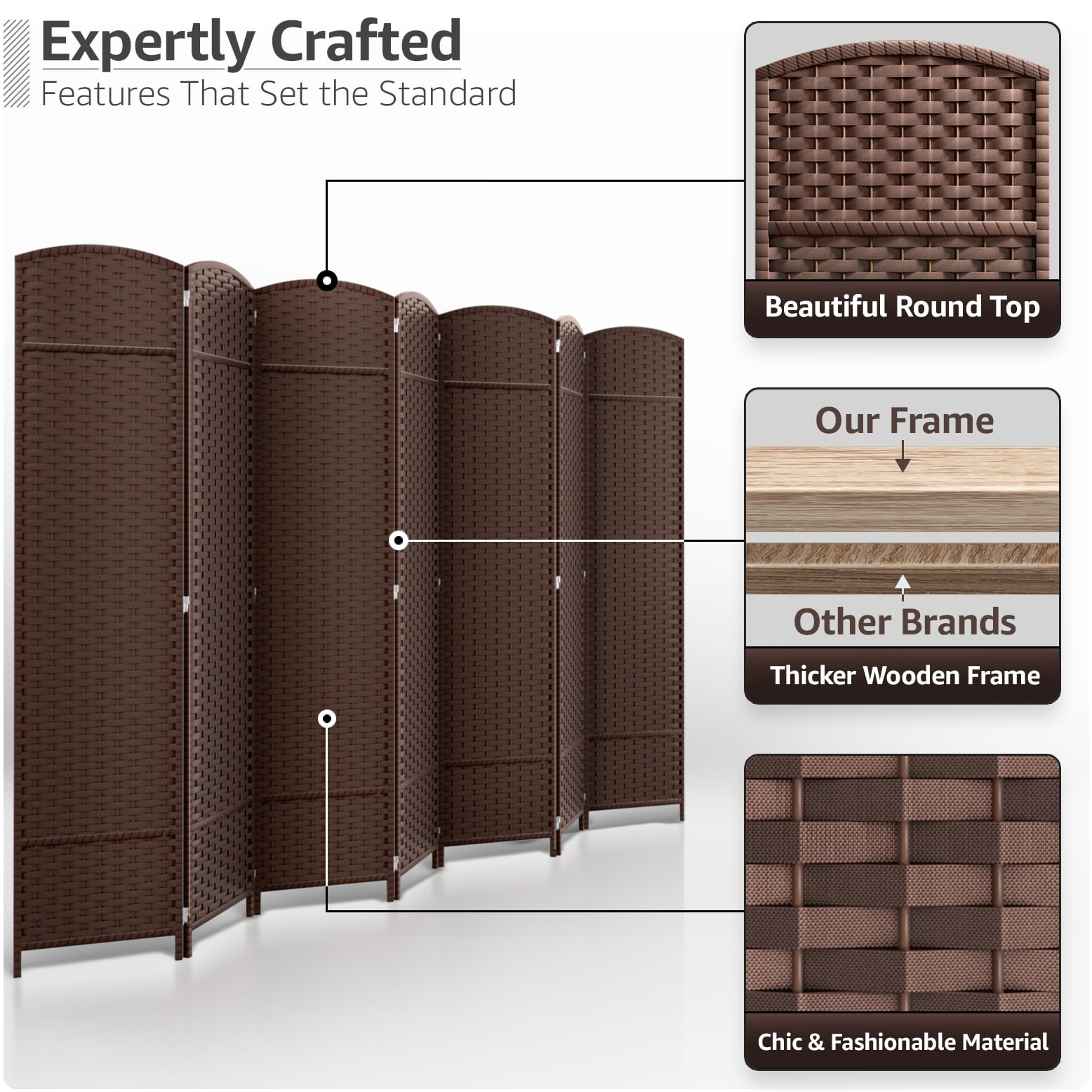 Sorbus 7-Panel Wide Folding Room Divider Privacy Screen, Hand-Woven Chocolate Mesh