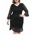thumbnail image 2 of Plus Size Black Floral Lace Bodycon Dress, V-Neck Bell Sleeve Sheer Hem Cocktail Dress, 2 of 9