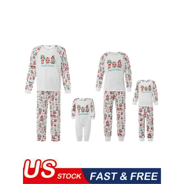 Family Matching Pajamas Set Cartoon House Pattern Long Sleeve Tops and Loose Pants Sleepwear Outfits
