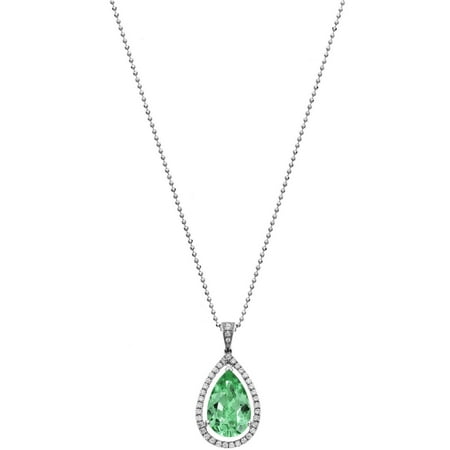 5th & Main Platinum-Plated Sterling Silver Slender Teardrop-Cut Green Obsidian Pave CZ Pendant Necklace