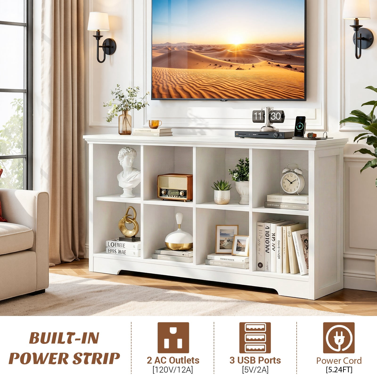 Homieasy 8-Cube Organizer, 50'' Width Cube Bookcase with Power Outlet and 9 Open Storage Shelves for Living Room, Bedroom, White
