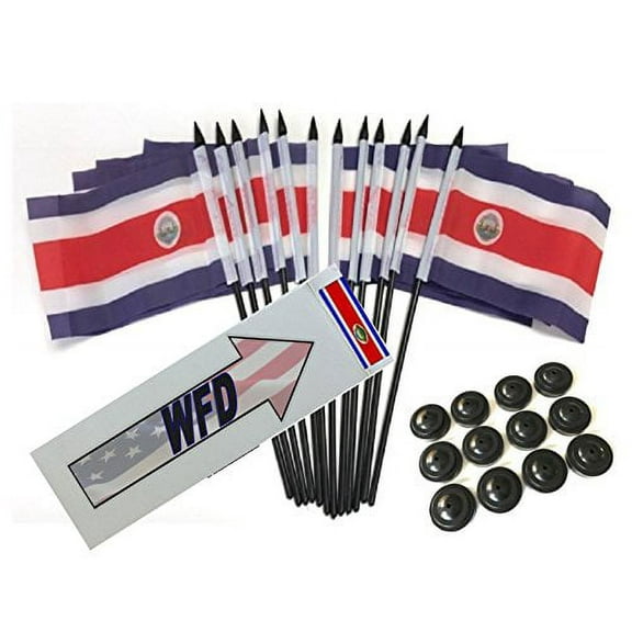 Pack of 12 4"x6" Costa Rica Polyester Miniature Desk & Little Table Flags, 1 Dozen 4"x 6" Costa Rican Small Mini Hand Waving Stick Flags with 12 Flag Bases (Flags with Stands)