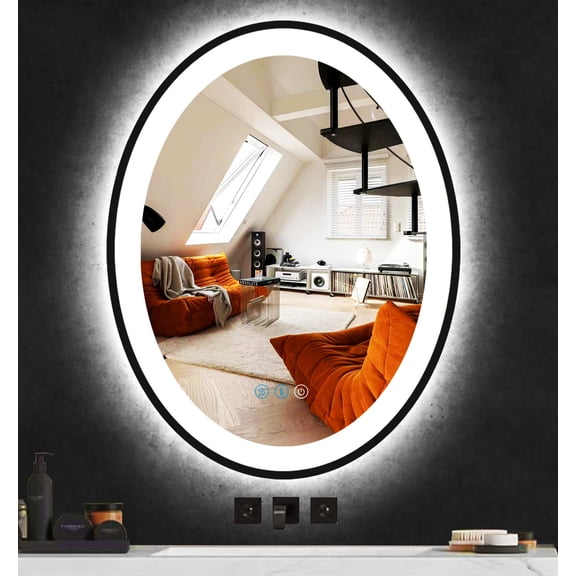 Black Oval LED Makeup 30" x 20" Mirror for Bathroom Wall Bedroom Mirror with Lights 3 Color Anti Fog Illuminated Dimmable LED Vanity  Wall Mount Black Oval Lighted Vanity Smart Mirror