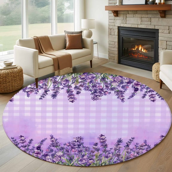 Round Area Rug 7 Ft, Purple Lavender Washable Non-Slip Circle Carpet for Living Room/Bedroom, Spring Watercolor Wildflowers Plant Plaid Low-Profile Large Runner Mat Collection Rugs for Indoor