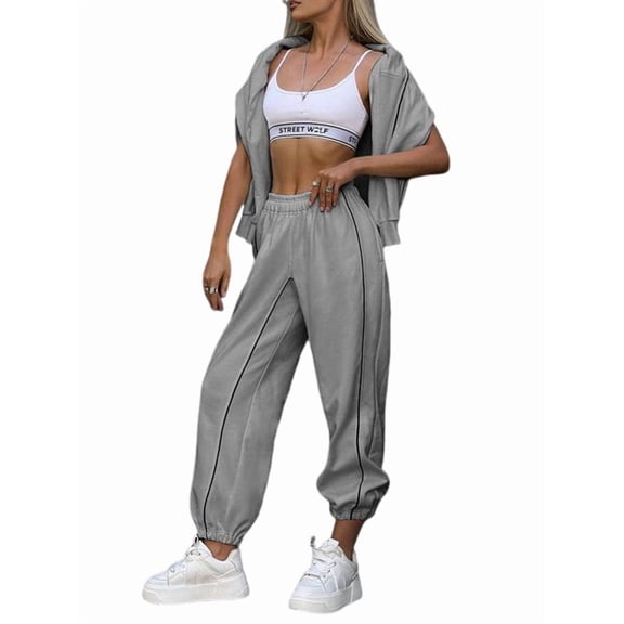 Women 2 Piece Lounge Sets Sweatsuit Fall Outfits Matching Wide Leg Pants Set Tracksuit Trendy Clothes Gray XL