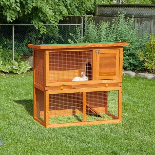 PawHut Wooden Rabbit Hutch Small Animal House Cage 2 Level w Run Backyard Walmart