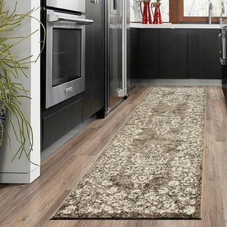 7 Ft Runner LR Home Infinity Cream Brown Delicate Floral Border Garland Victorian Medallion Distressed Indoor Contemporary Runner Rug - 2 ft. 1 in. x 7 ft. 5 in. ()