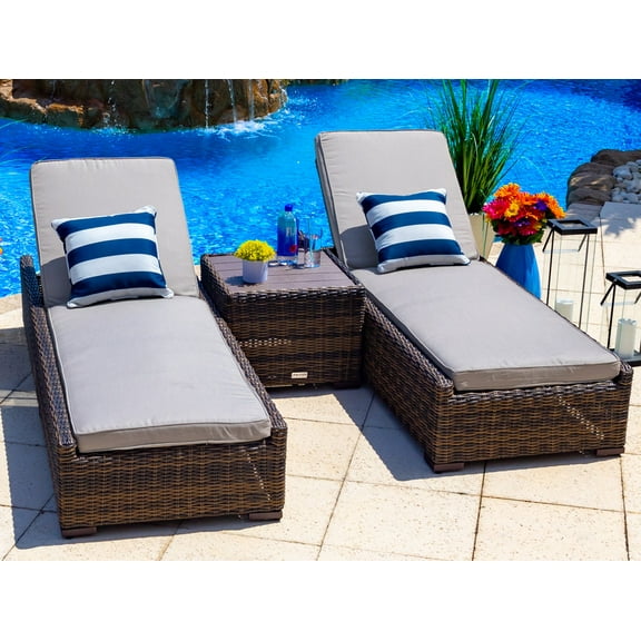 Tuscany 3-Piece Resin Wicker Outdoor Patio Furniture Chaise Lounge Set in Brown w/ Two Chaise Lounge Chairs and Side Table (Half-Round Brown Wicker, Polyester Light Gray)