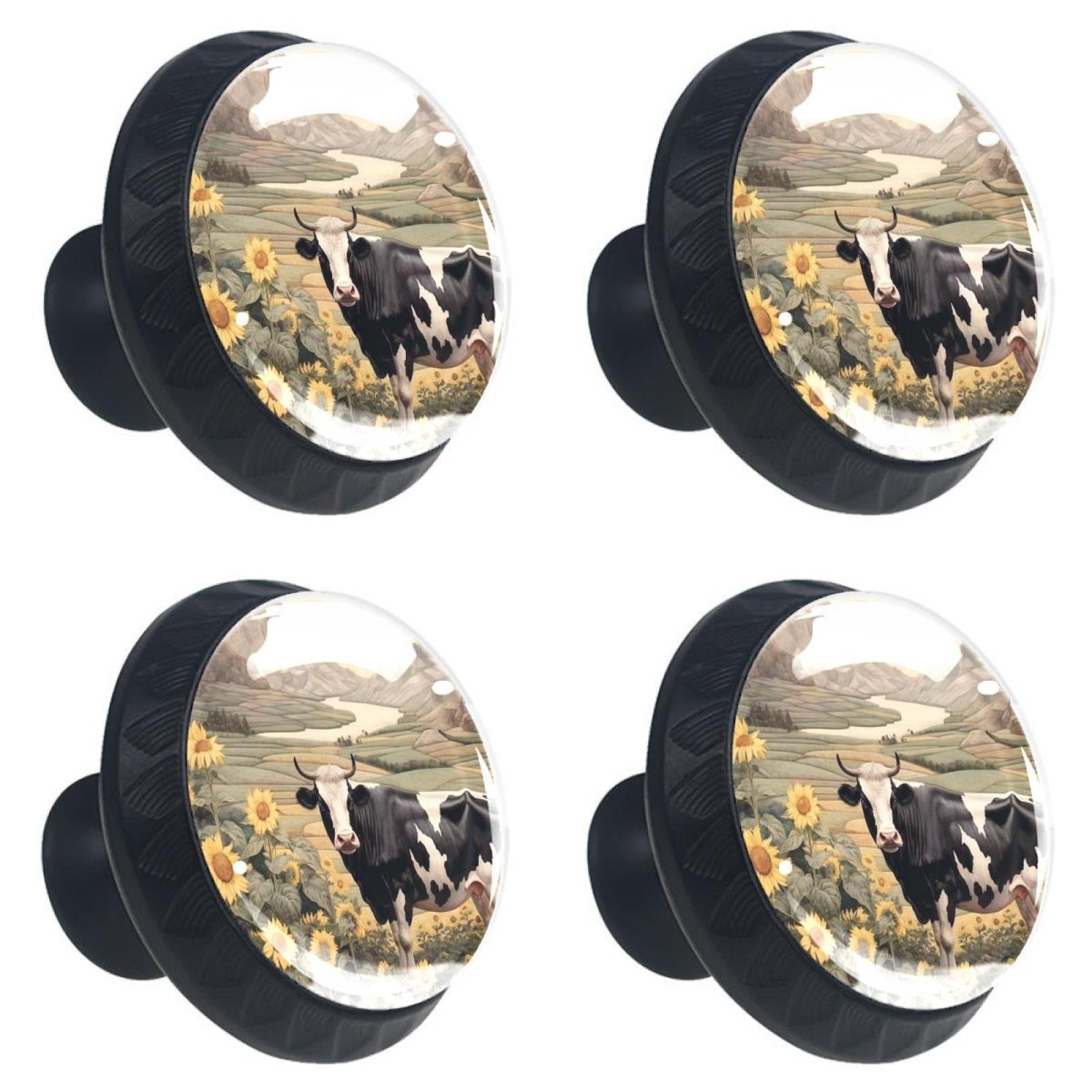 4 Pcs Cow and Sunflower Knobs for Kitchen Cabinet Cupboard Dresser Bookcase Drawer Pulls Handles Round Home Decor