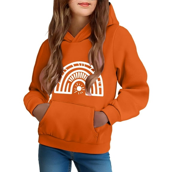 Spazoro Girls Hooded Sweatshirts, Cute Print Fashion Long Sleeve Soft & Comfy Fall Winter Tops for Girls Orange Size 5 T