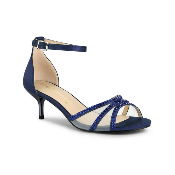 BLISSFUL STEP Women's Rhinestone Mesh Kitten Heels Sandals Navy Blue (Size 6)