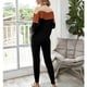 thumbnail image 4 of Top de cuello redondo, pantalones, ropa de descanso, 2 piezas, Color de contraste, manga larga, lazo en la cintura, ropa de dormir de punto informal para mujer, 4 of 6