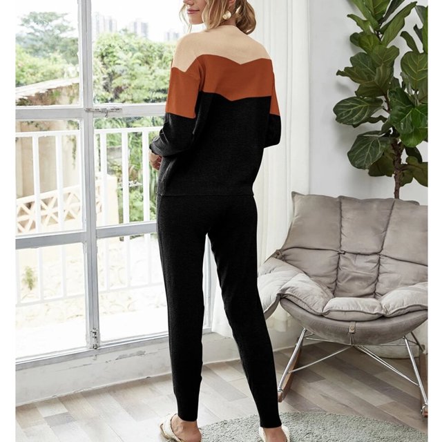 Ropa De Salón De Punto Informal Pantalones De Cuello Redondo Ropa De Salón 2 Piezas Color De Contraste Manga Larga Cintura Corbata Mujer Ropa De Dormir De Punto Informal Negro L ANGGREK Otros