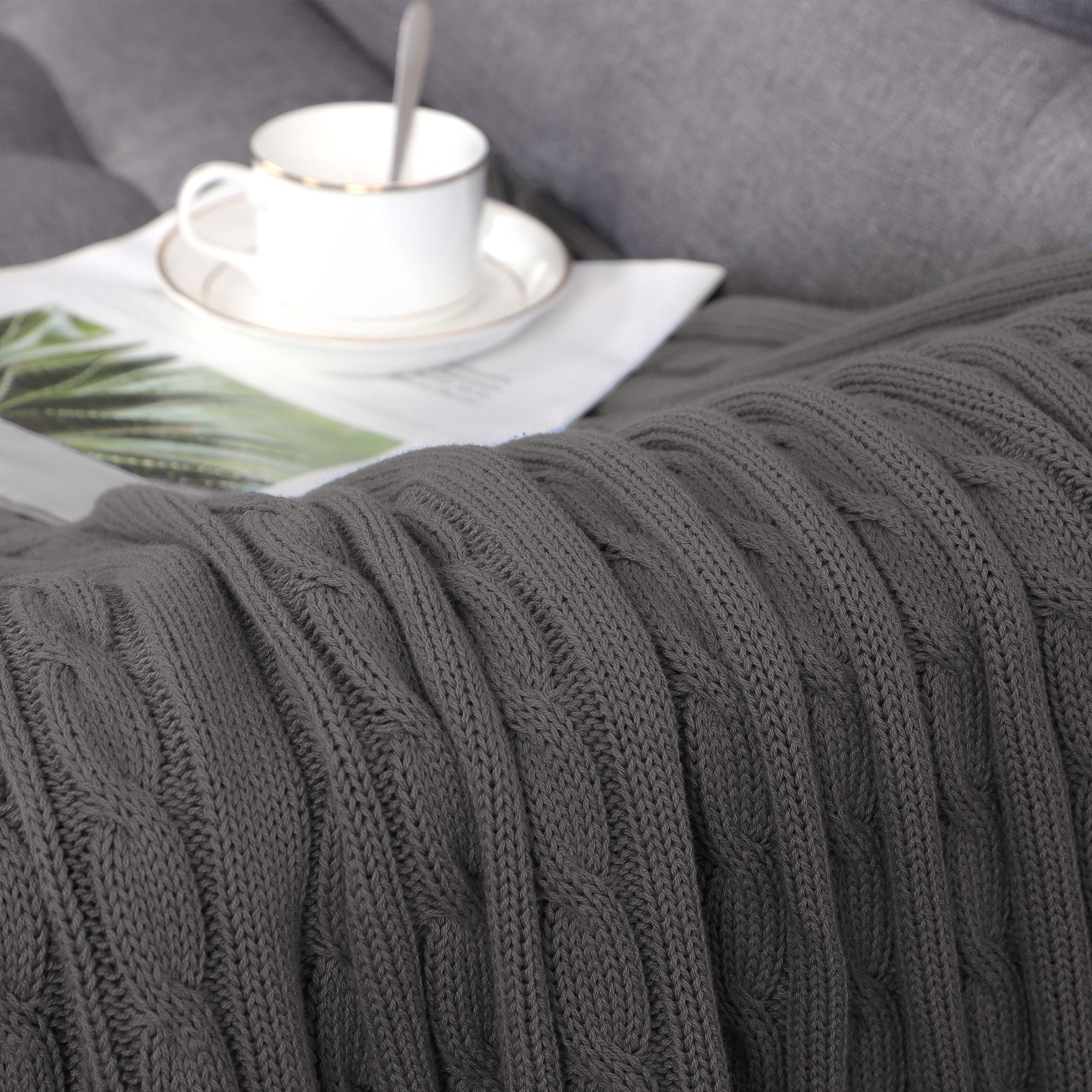 Unique Bargains Cable Knitted Bed Sofa Throw Blanket Dark Grey 47" x 71"