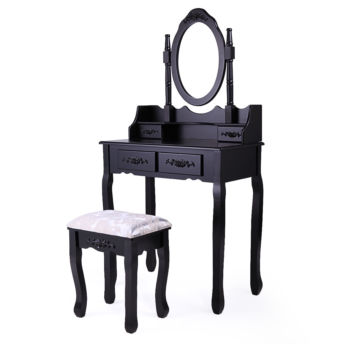 Kepooman Mid Century Vanity Set, Makeup Vanity Desk with 4 Drawers / Oval Mirror / Cushioned Stool - Black Kepooman Mid Century Vanity Set, Makeup Vanity Desk with 4 Drawers / Oval Mirror / Cushioned Stool - Black