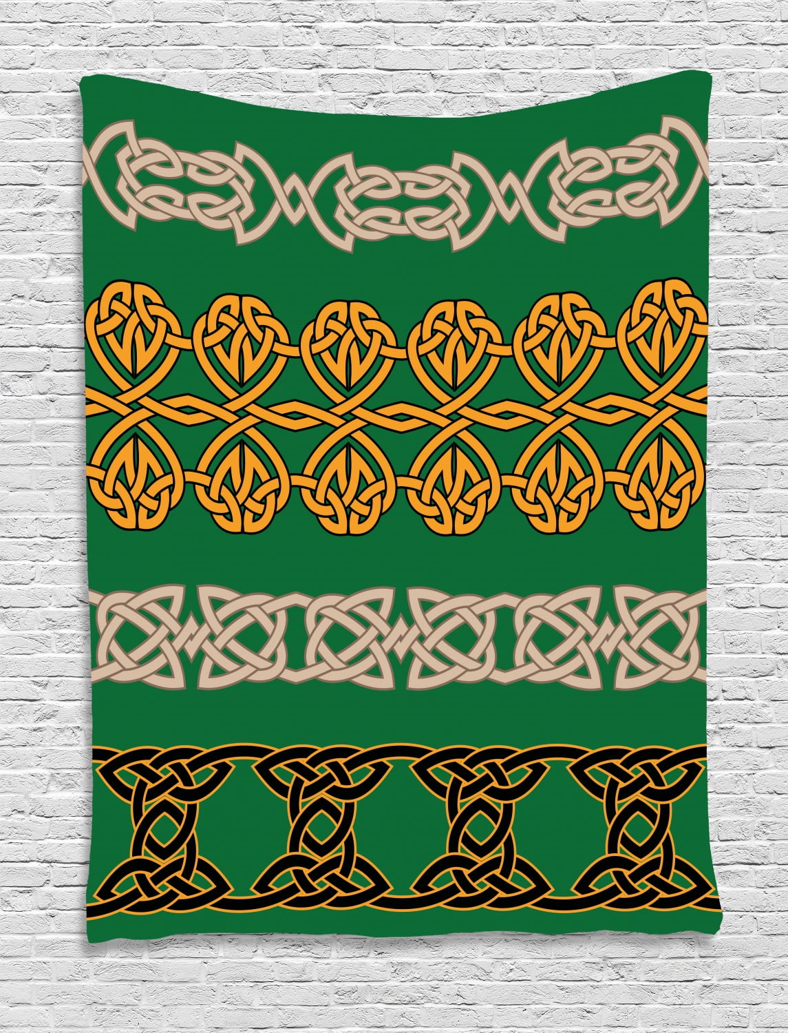 Irish Tapestry, Ethnic Religious Traditional Ornaments Inticate Borders Spiral Tribal Antique