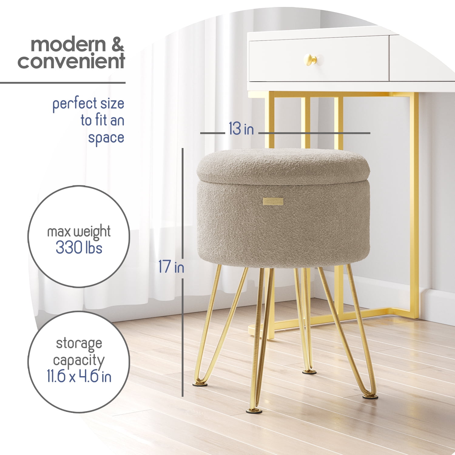 LammaLoe Small Round Ottoman with Storage, Boucle Ottoman Foot Stool with Lid, Upholstered Vanity Stool for Living Room & Bedroom, Beige