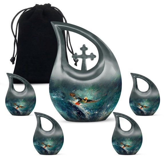 MUKTIVE Puffin Bird Urns for Adult Male, Combo Sets Green Funeral Urn for Ashes for Women, Cremation Urn for Mom & Dad, Burial Human Urns for Ashes Adult Female, (1 Large 10 ", 4 Keepsake 3 ")