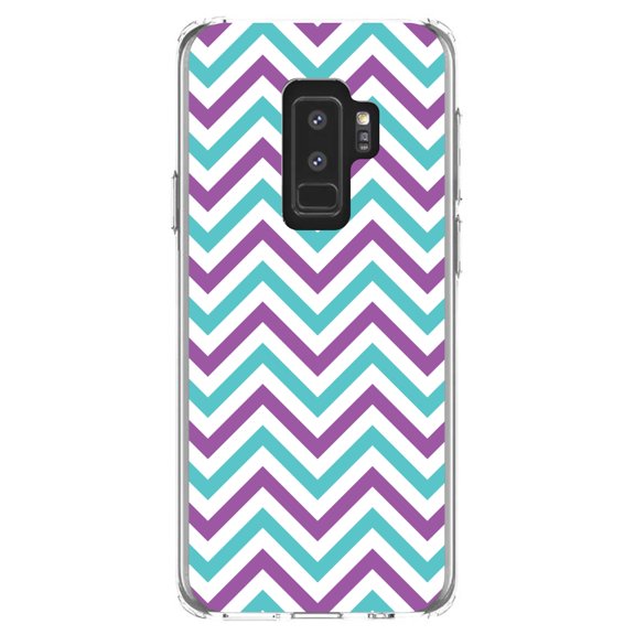 DistinctInk Clear Shockproof Hybrid Case for Samsung Galaxy S9  PLUS (6.2" Screen) - TPU Bumper, Acrylic Back, Tempered Glass Screen Protector - Purple Teal Stripes - Stripes Pattern