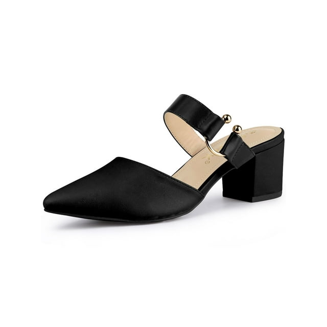 BLISSFUL STEP Escarpins Mules Habillés à Talon Bloc à Bout Pointu pour Femmes Noir 7
