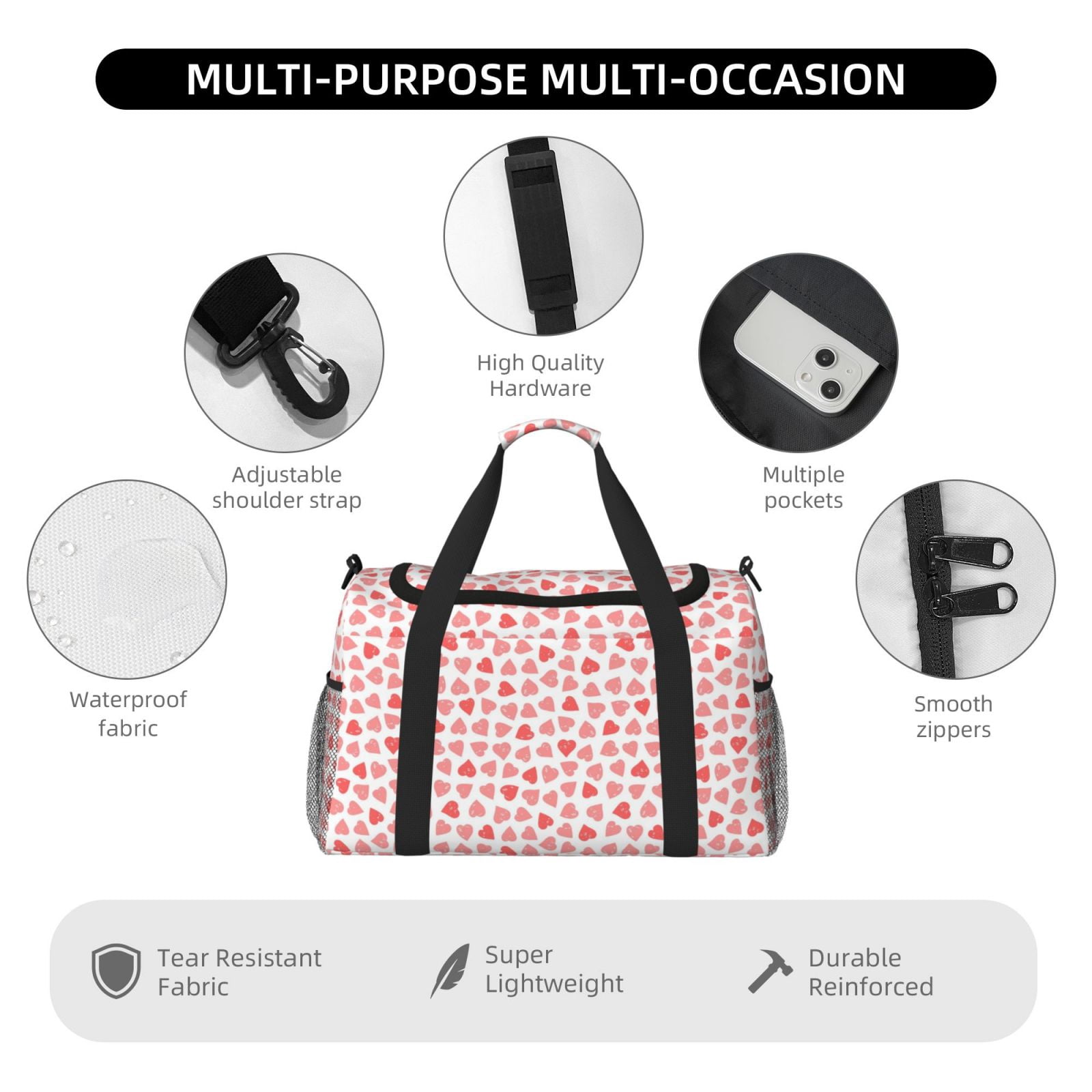 Fuzoiu Hearts Print Travel Duffle Bag,Carry On Tote Bags,Duffel Bag,Sport Gym Bag, Hospital Bag for Labor and Delivery, Overnight Bag,Luggage Bag