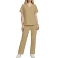 thumbnail image 2 of Avrnliq Womens Beige Medical Scrubs Set V Neck Short Sleeve with Pockets Breathable Lightweight Nursing Uniform,Size L, 2 of 9