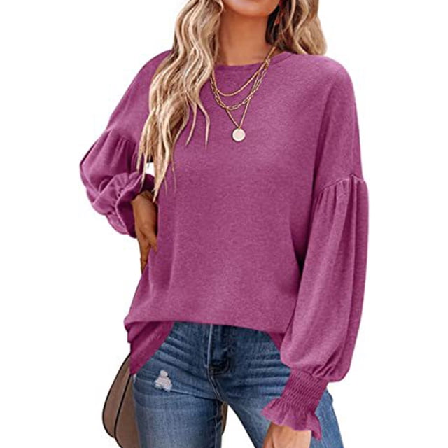 Top de manga larga para mujer, Color sólido, cuello redondo, informal, suelto, de punto, con volantes, farol, manga larga, camisetas púrpura XXL
