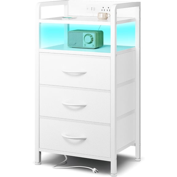 Night Stand Bedside Charger Bedroom - Nightstand with Charging Station, Bed Side Table with LED Light Strip, End Table with U-S-B Ports & AC Outlets, Storage Shelf & 3 Fabric Drawers, White