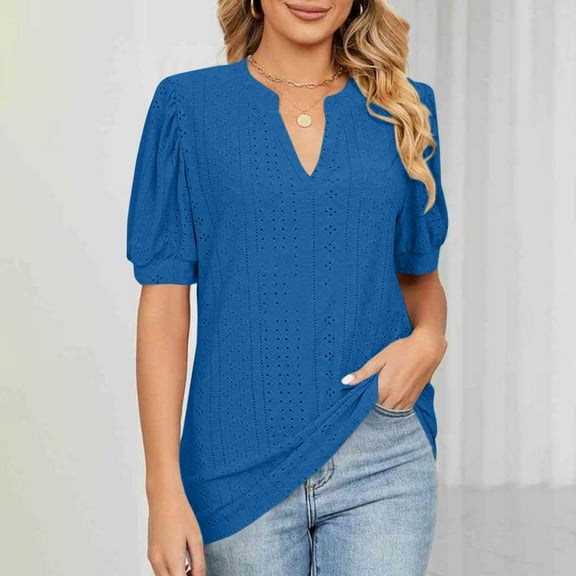 Kayannuo Blouses for Women Business Casual Fashion Women's Casual Short Sleeve Solid Ladies V- Neck Blouse Blue XL