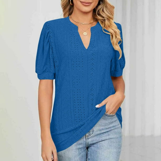 Puntoco Blusas cortas de liquidación para mujer, blusas casuales de manga corta con cuello en V para mujer