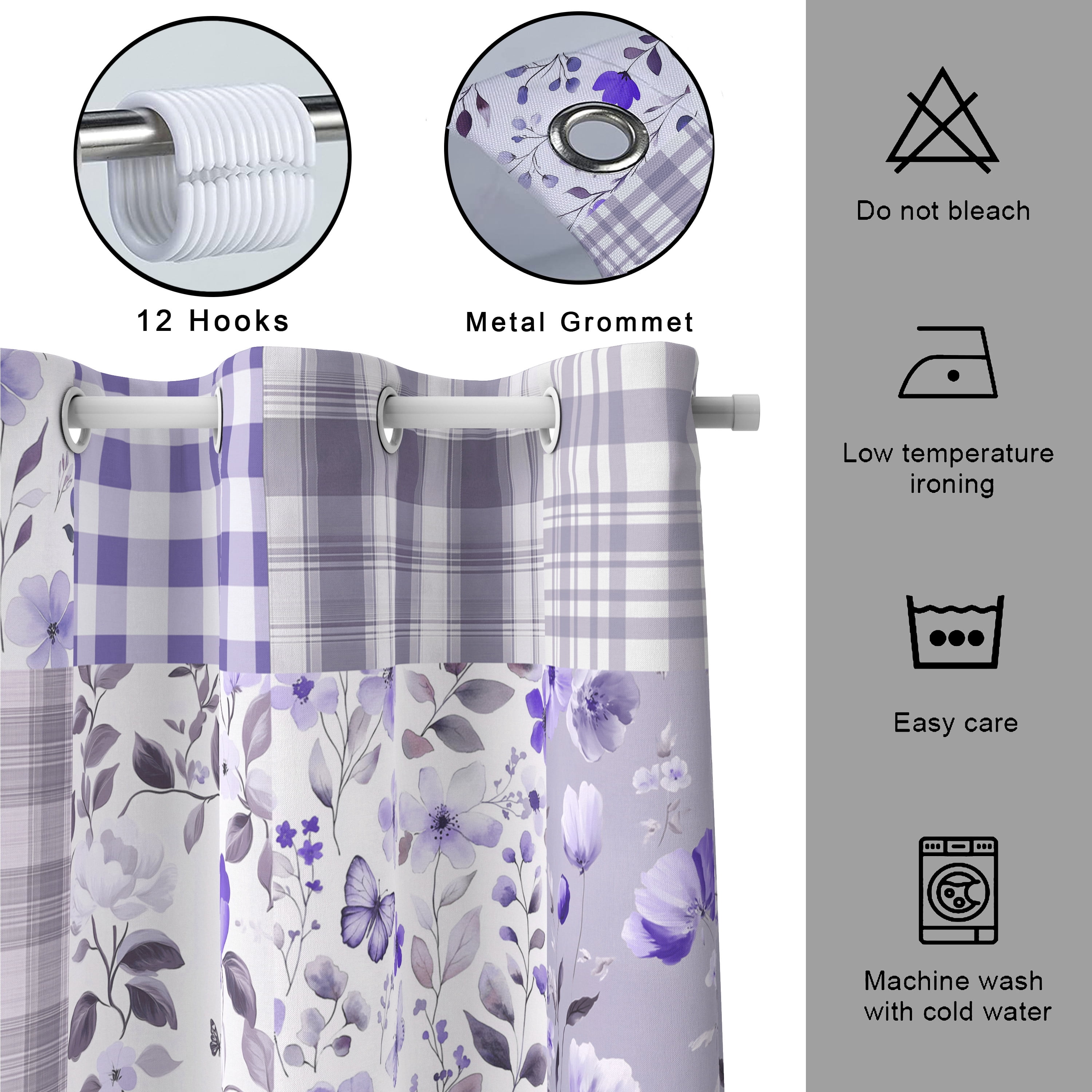 Cute Plaid Floral Shower Curtain, Boho Purple Flower Fabric Shower Curtains for Bathroom, Retro Purple Floral Checkered Patchwork Bath Curtain Set Washable Waterproof with 12Hooks,70X85in