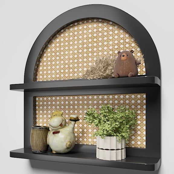 Wood Boho Rattan Wall Shelf - 2-Tier Arched Wicker Floating Shelf Black Wood New Boho Shelf, Rustic Farmhouse Nursery Decor Shelves Wall Mounted, Neutral Handcrafted (16''l Natural Rattan Shelf)