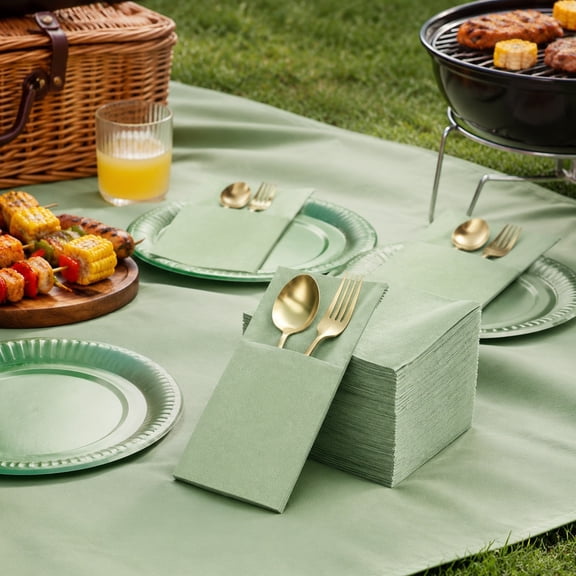 100 Pcs Sage Green Linen Feel Disposable Napkins 2 Ply Soft Paper Dinner Napkins Cocktail Serviettes for Wedding Party Event Outdoor Picnic BBQ Table Decoration Guest Supplies