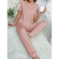 thumbnail image 4 of Defitshape Women's Summer Shorts Sleeve Pajama Pants Cinch Bottom Pant 2 Piece Lounge Cool Loungewear Crew Neck Home Elasthane Drawstring Nightwear Pink 0-2, 4 of 5