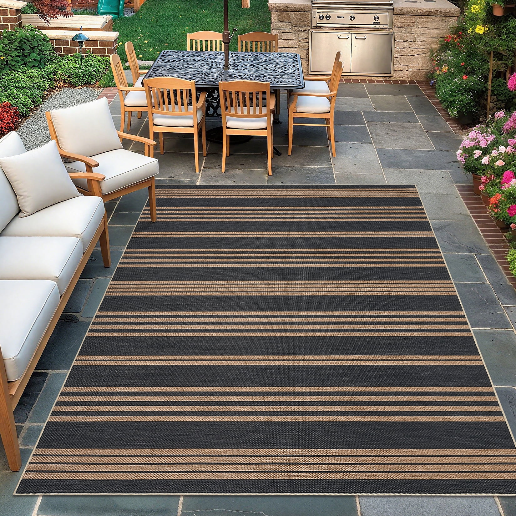 Garvee 4'x6' Modern Striped Area Rugs Easy Jute Rug with Non-Slip Backing, Washable Rug Neutral Print Indoor Outdoor Carpet for Bedroom Living Room Patio, Black Coffee