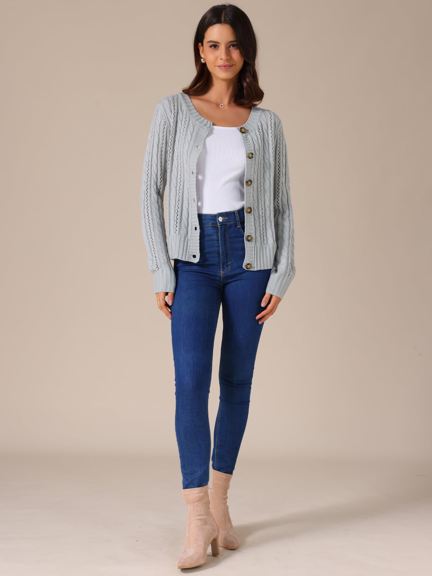 DARING DIVA Women's Open Front Button Down Cable Knit Cardigan Sweater M Grey