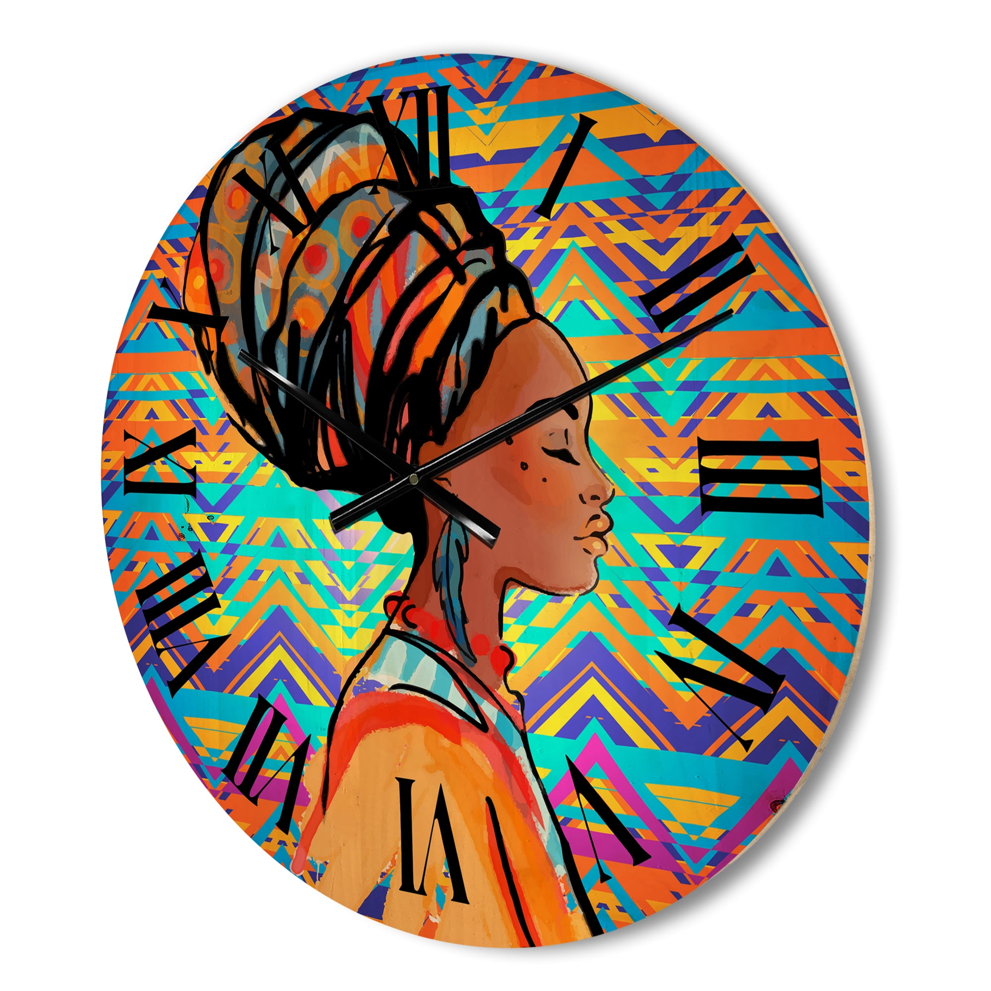 Designart 'African American Woman Portrait with Turban IV' Modern Wood Wall Clock