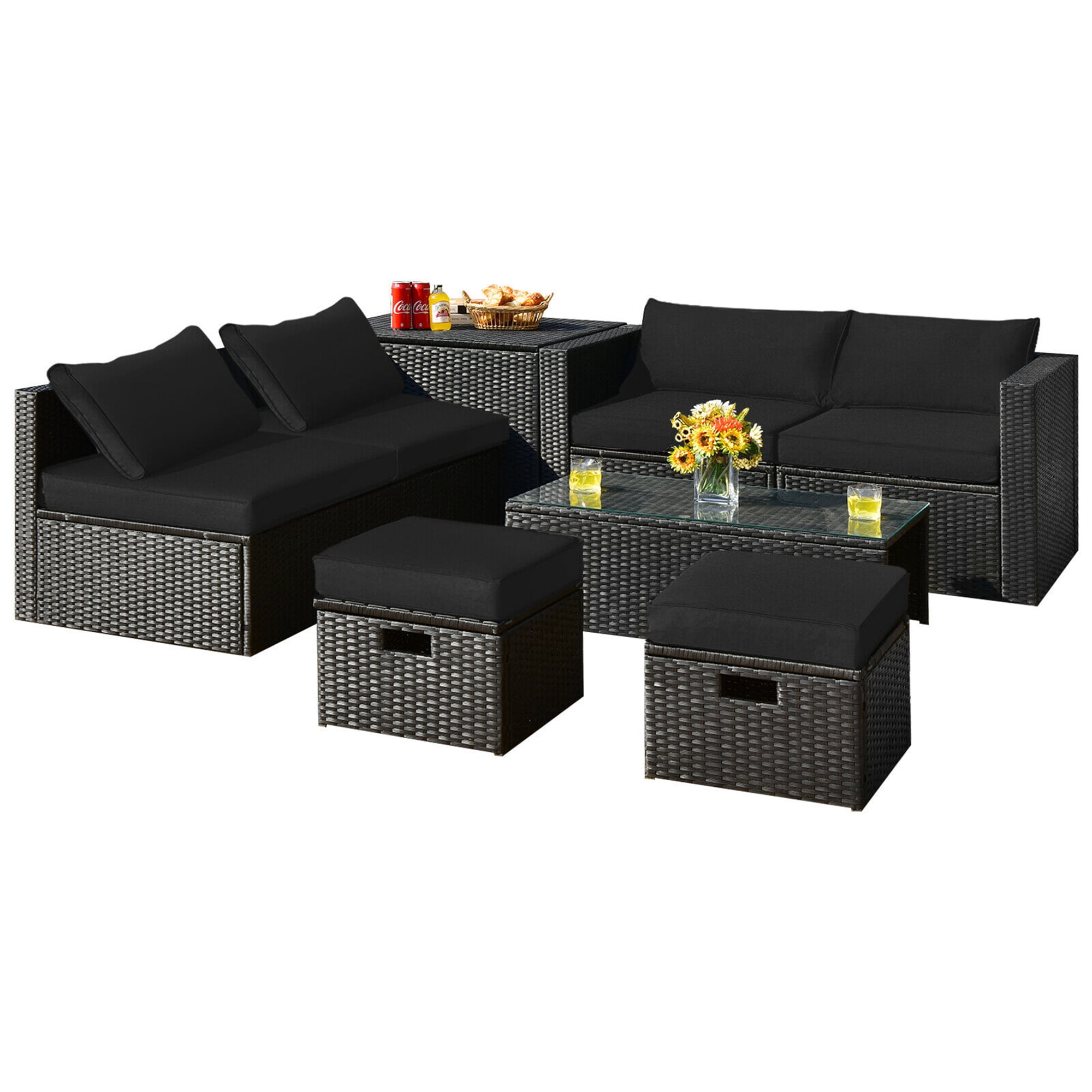 Gymax 8PCS Rattan Patio Sectional Furniture Set w/ Waterproof Cover & Black Cushions