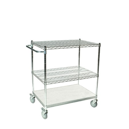 

24 Deep x 60 Wide x 39 High 3 Tier Chrome Shelf Cart with 2 Wire Shelf & 1 Solid Shelf