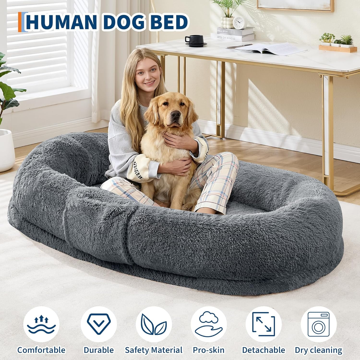 Historyli Human Dog Bed-65 Inch for Adult and Pets-No Assembly Required,Washable Fluffy Faux Fur,Napping Orthopedic Dog Bed with Side Pocket,Strap